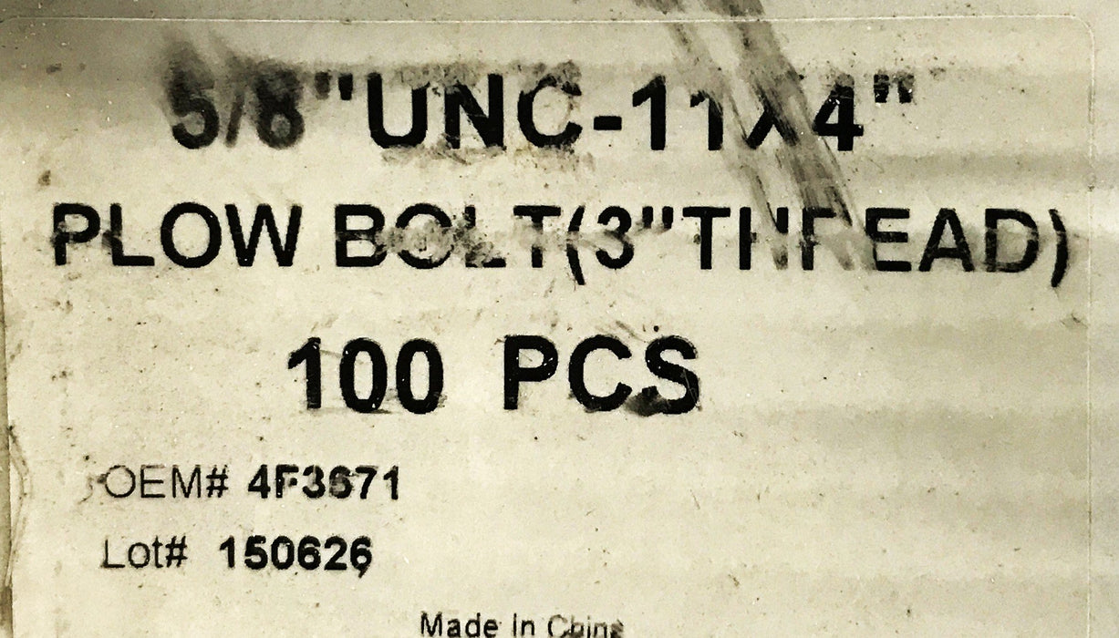 Jetty Manufacture 5/8-11X4 Inch Plow Bolt [Lot of 100] NOS