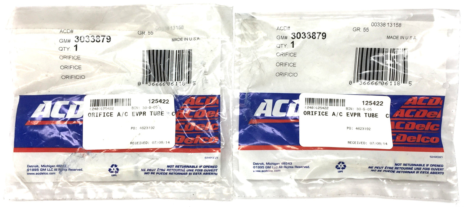 ACDelco\GM A/C Evaporator Tube 3033879 [Lot of 2] NOS