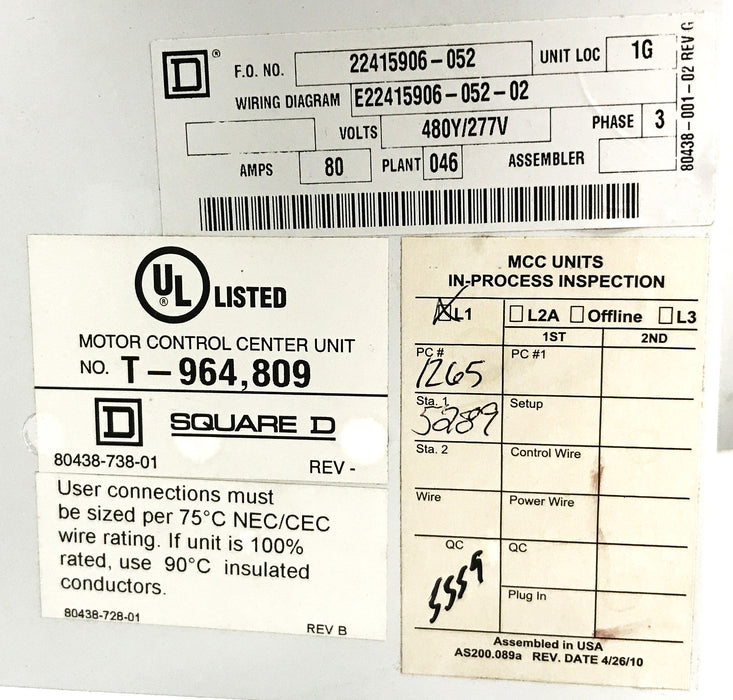 Square D Motor Control Center Bucket T-964 USED