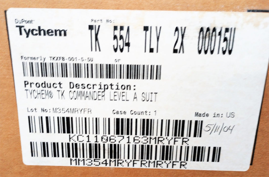 Dupont TK 554 TLY 2X 00015U Tychem TK Commander Level A Suit TychemTK 2XL NOS