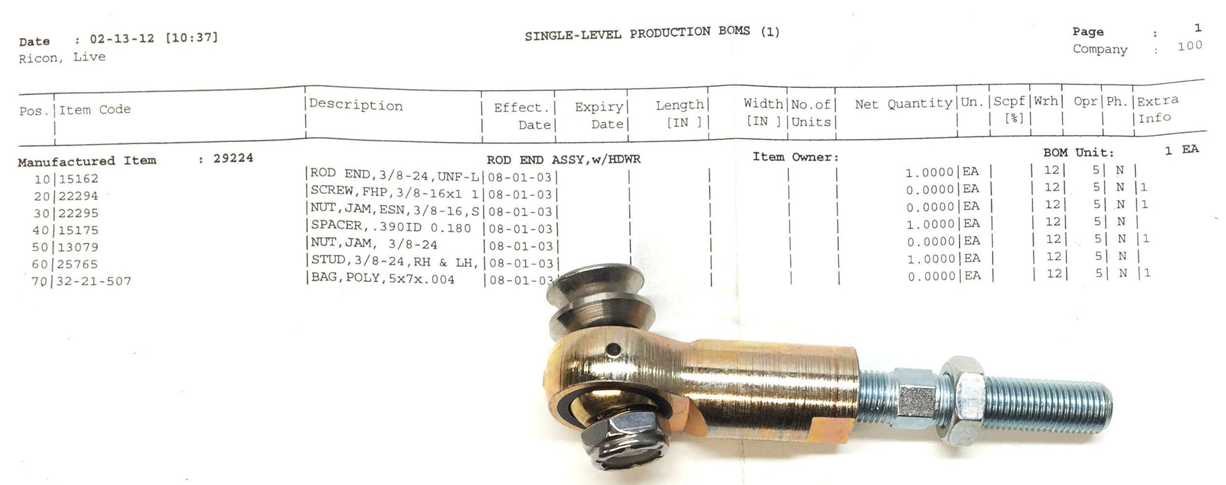 Ricon Rod End Assembly 29224 NOS