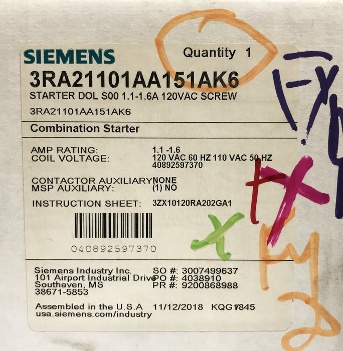 Siemens Combination Starter 3RA21101 AA151AK6 NOS