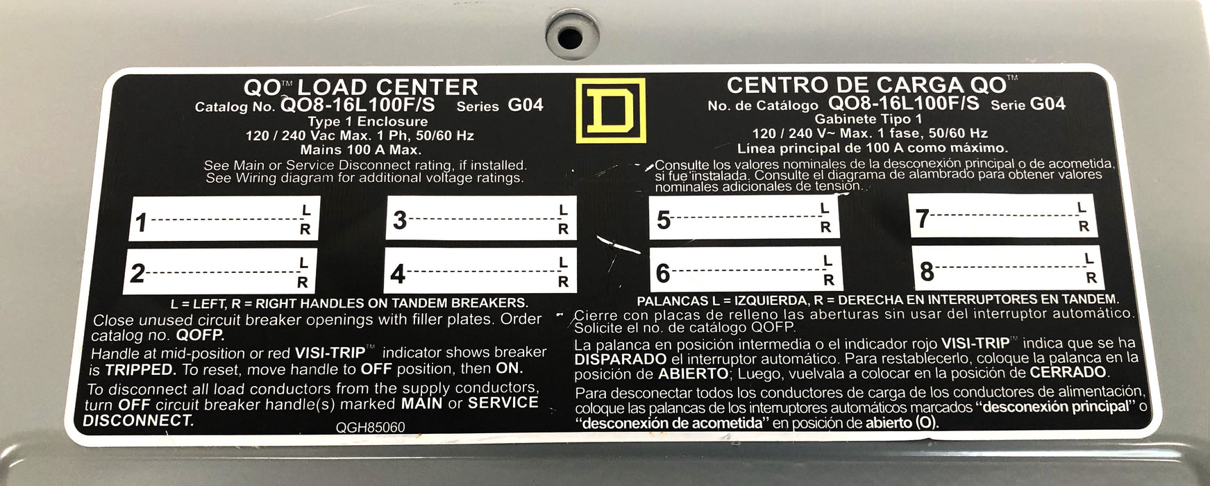 Square D QO Load Center Series G04 Type 1 Enclosure QO8-16L100F/S NOS
