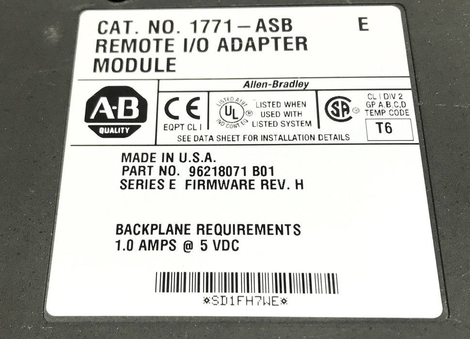 Allen-Bradley Remote I/O Adapter Module W/ Swing Arm 1771-ASB NOS
