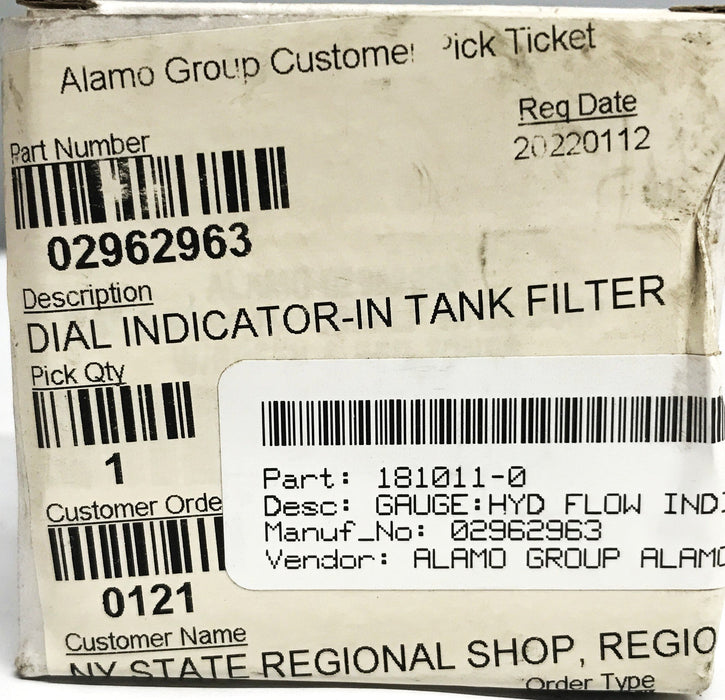 Alamo In-Tank Filter Dial Indicator Gauge 02962963 NOS