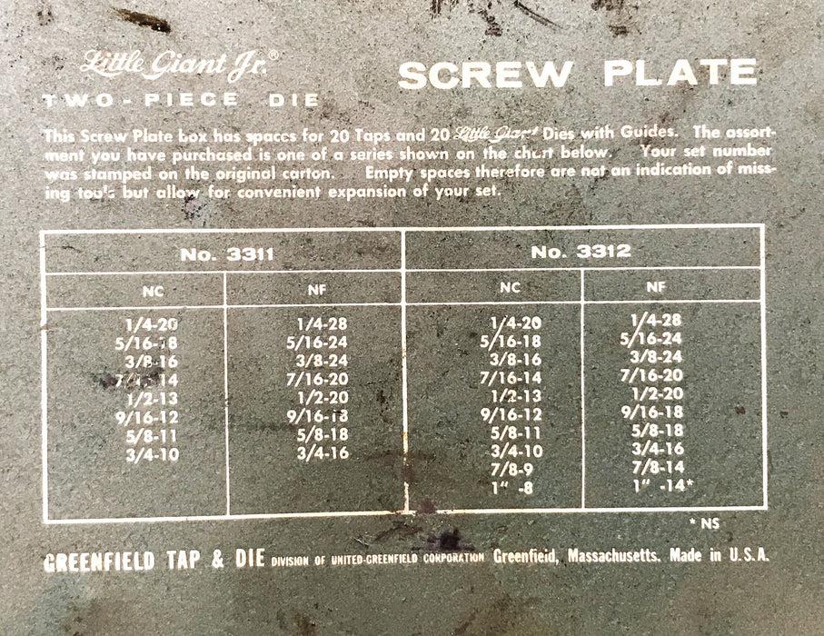 Greenfield Little Giant Tap & Die Set No. 3312 (Partial Set) USED