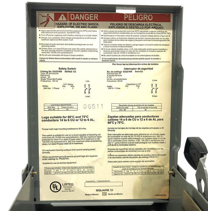 Square D 30A 240V General Duty Safety Switch DU221RB USED