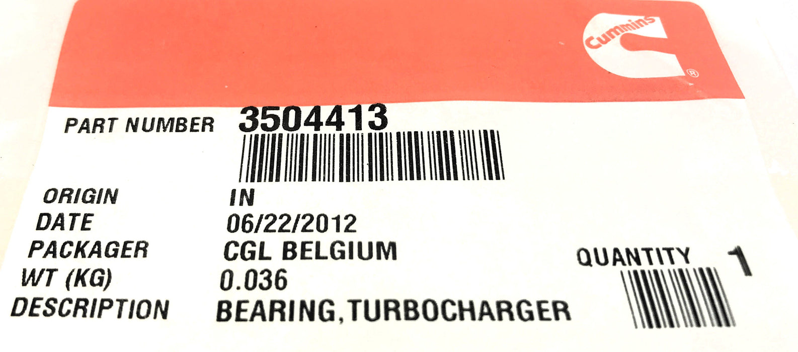 Cummins Turbocharger Bearing 3504413 NOS