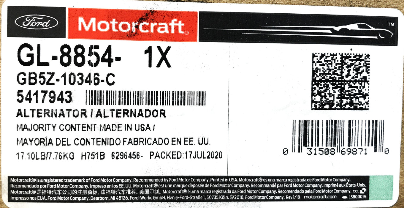 Motorcraft Alternator GL-8854 NOS