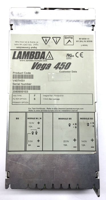 TDK-Lambda Vega 450 Modular Multi-Output Switch-Mode Power Supply V407HSV USED