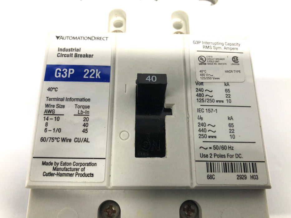 AutomationDirect 480VAC 125/250VDC Industrial Circuit Breaker G3P-040 NOS