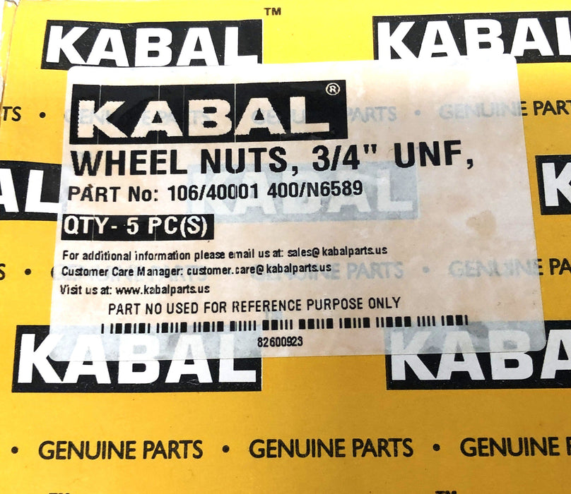Kabal Set Of 5 3/4 Inch UNF Wheel Nuts106/40001 400/N6589 NOS