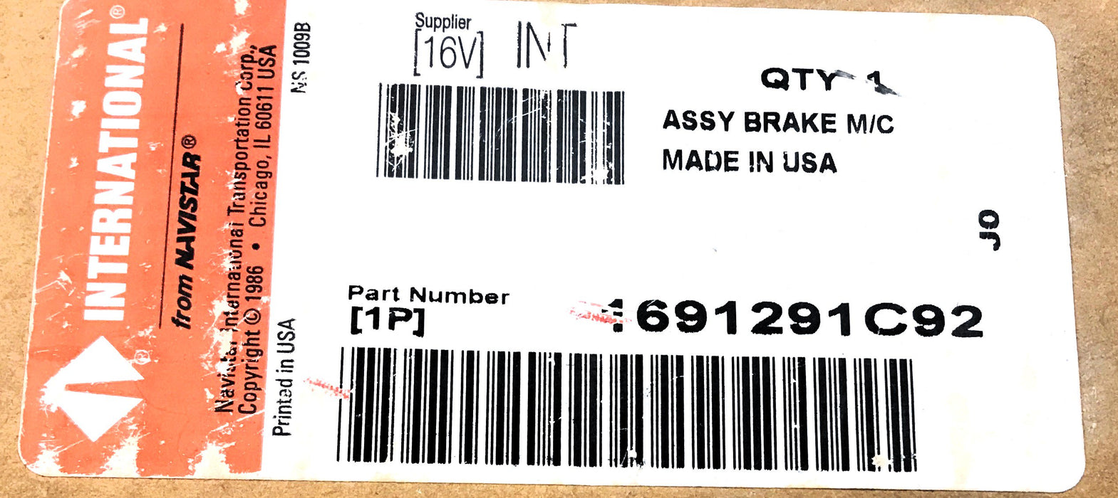 International Master Brake Cylinder 1691291C92 NOS