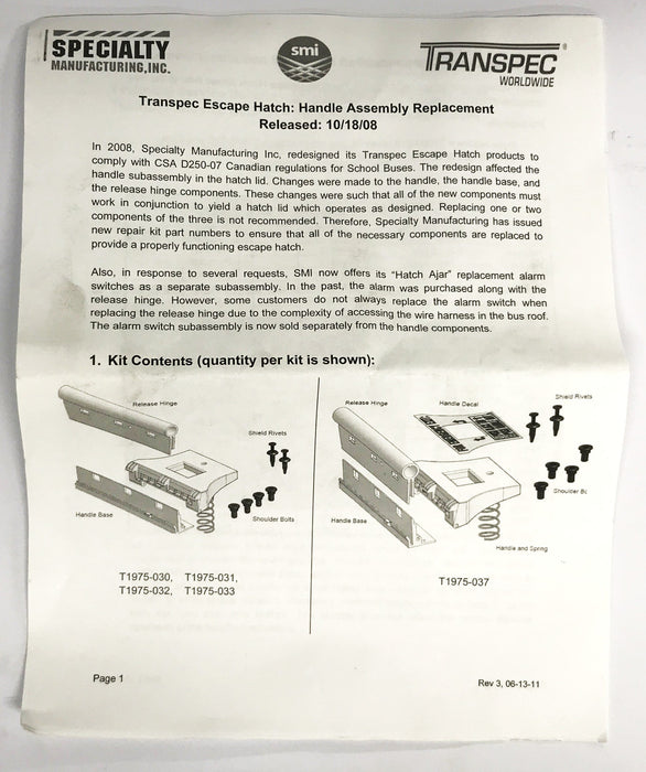 New Flyer (NFI) Escape Hatch Release Handle Assembly 6361639 NOS