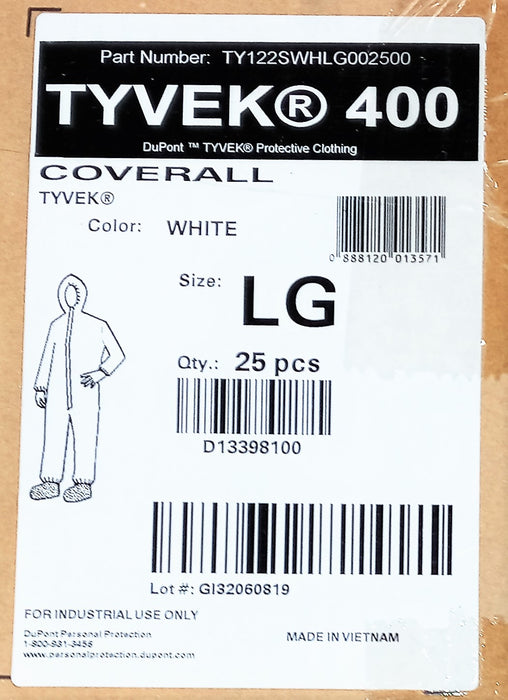 DuPont Tyvek 400 TY122SWHLG Case of 25 LARGE White Coveralls NO ORIGINAL BOX NEW