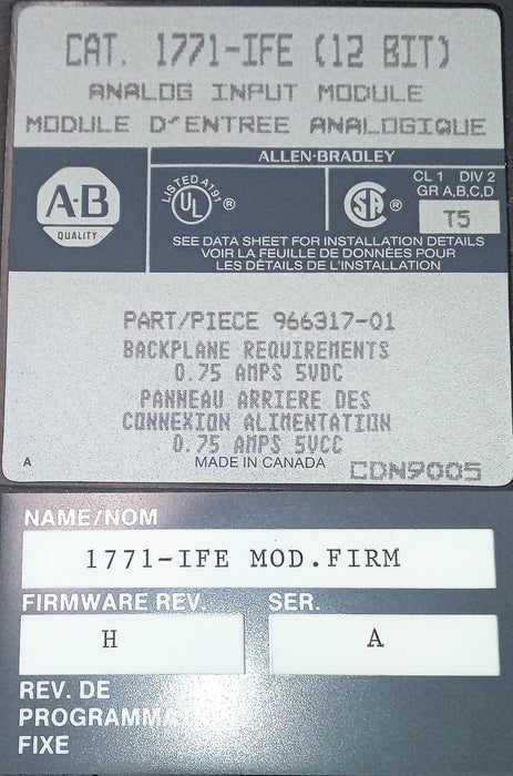 Allen Bradley 12 Bit Analog Input Module 1771-IFE Ser. A Firmware Rev. H USED