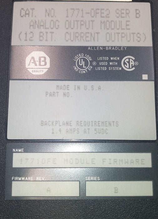 Allen Bradley Analog Output Module 1771-OFE2 SER B Firmware Rev. A USED