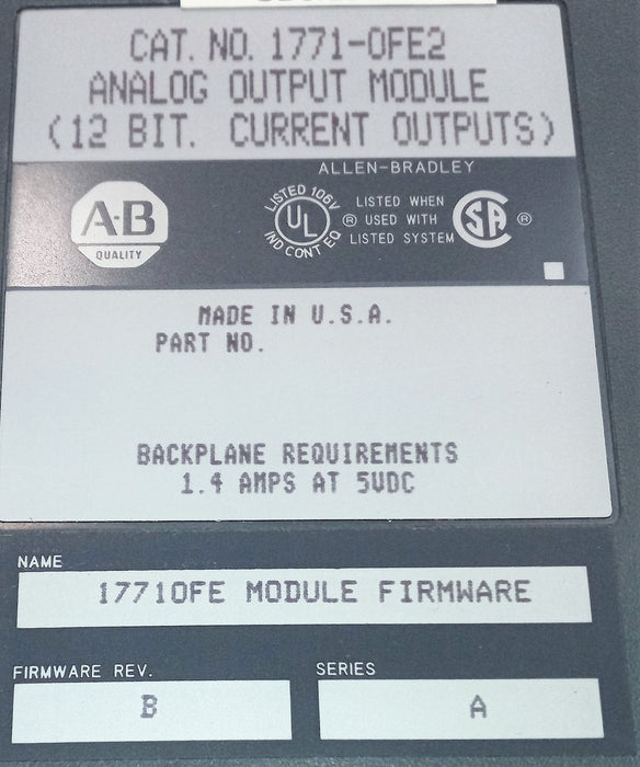 Allen Bradley Analog Output Module 1771-OFE2 SER A Firmware Rev. B USED