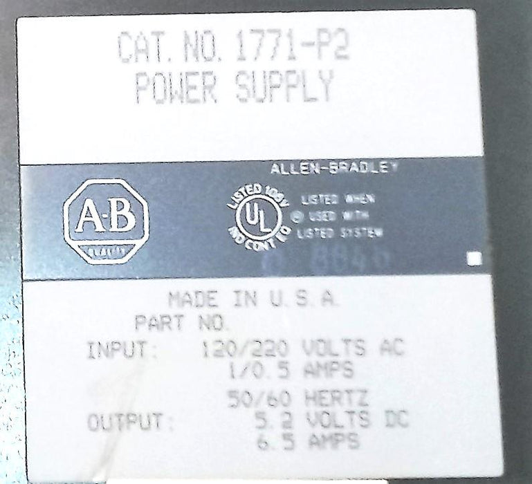 Allen-Bradley Auxiliary Power Supply 1771-P2 Missing Screws USED