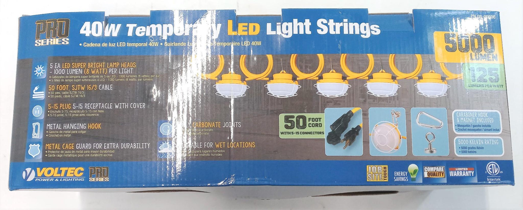 Voltec 50ft LED 40W 5000L Magnetic String Lights - Five 8W LED Head 08-00500 NOS