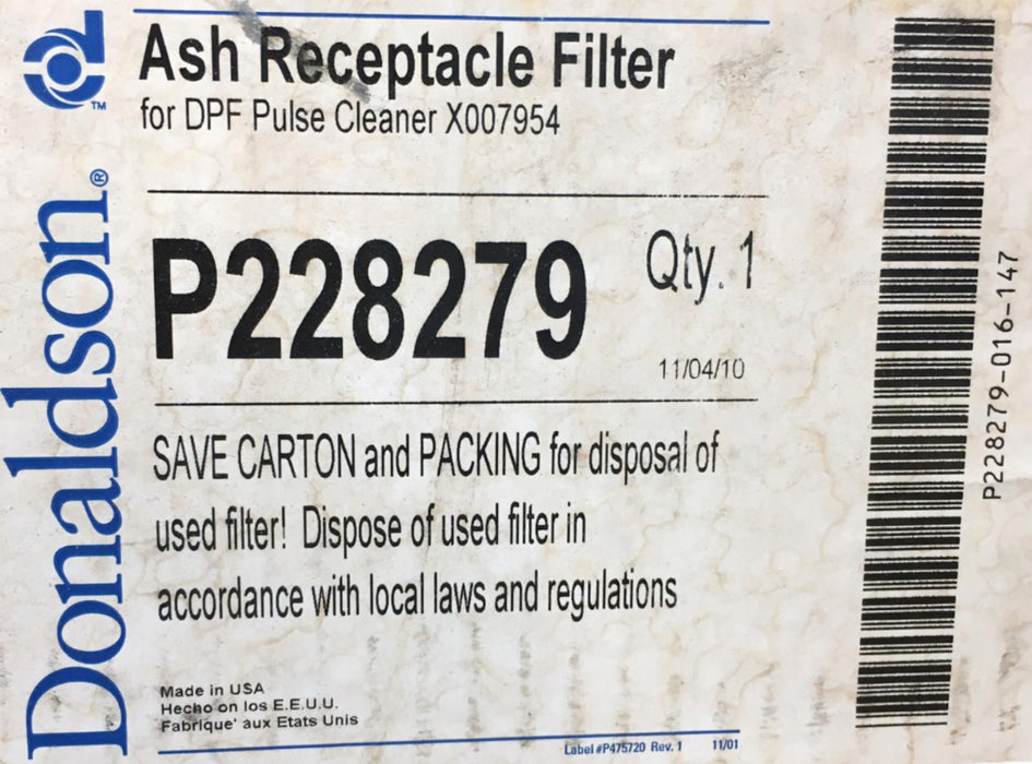 Donaldson Ash Receptacle Filter P22879 NOS