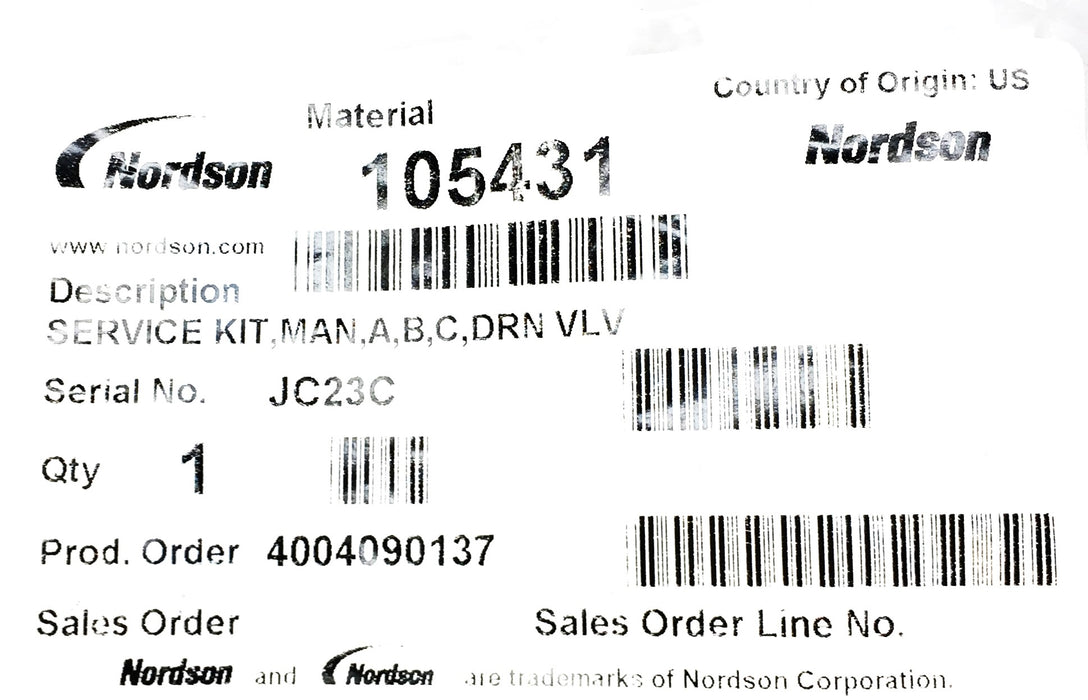 Nordson Replacement Drain Valve Service Kit 105431 NOS