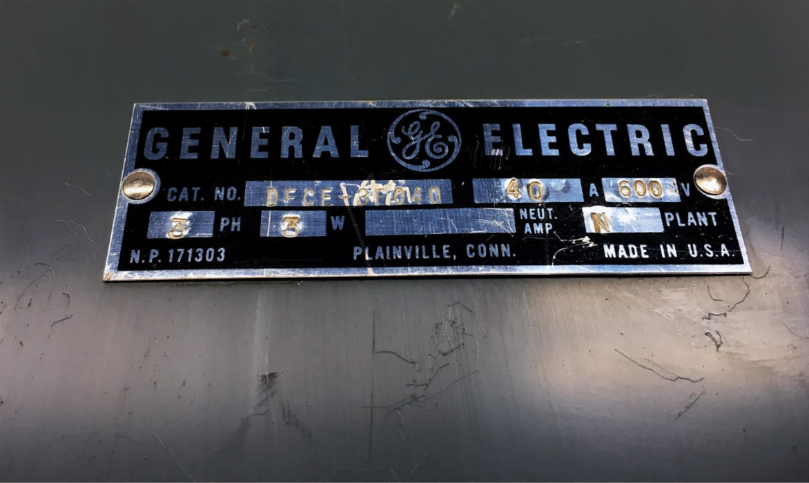 General Electric 40A 600V 3W 3PH Enclosure DFCE-3F040 (171303) USED