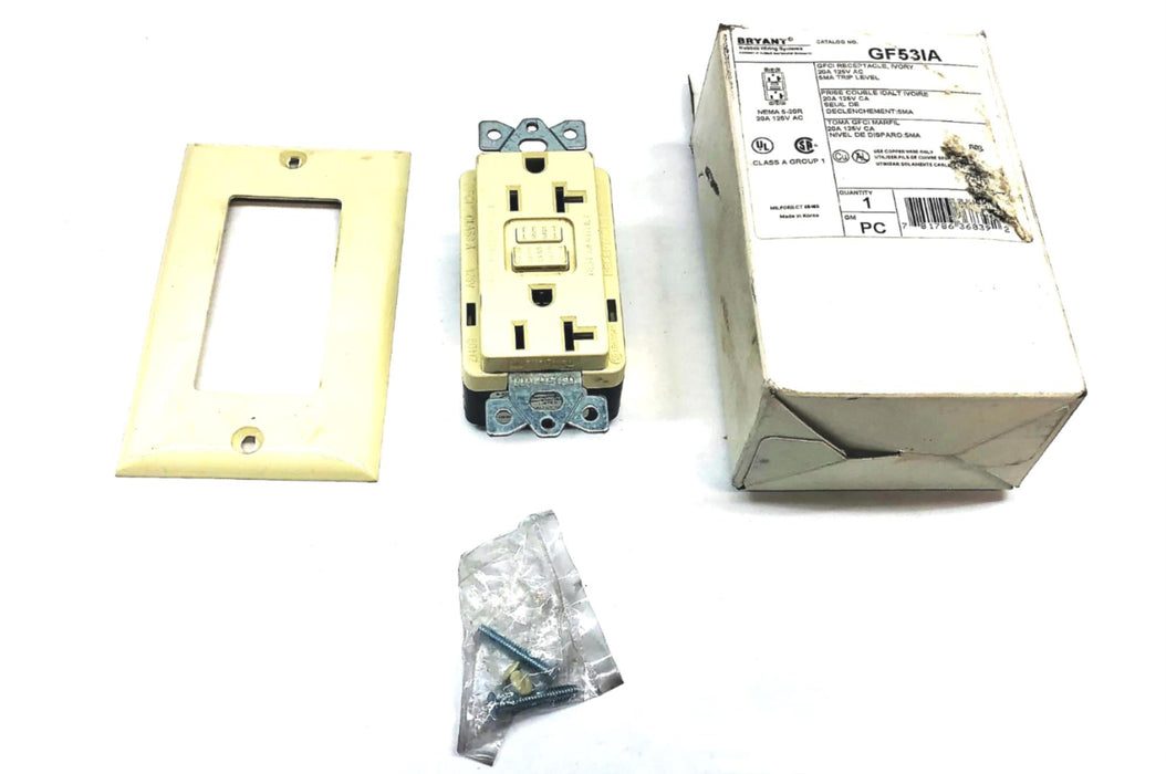 Hubbell Bryant 5MA Trip Level 20A 125VAC Ivory HFCI Receptacle GF53IA NOS