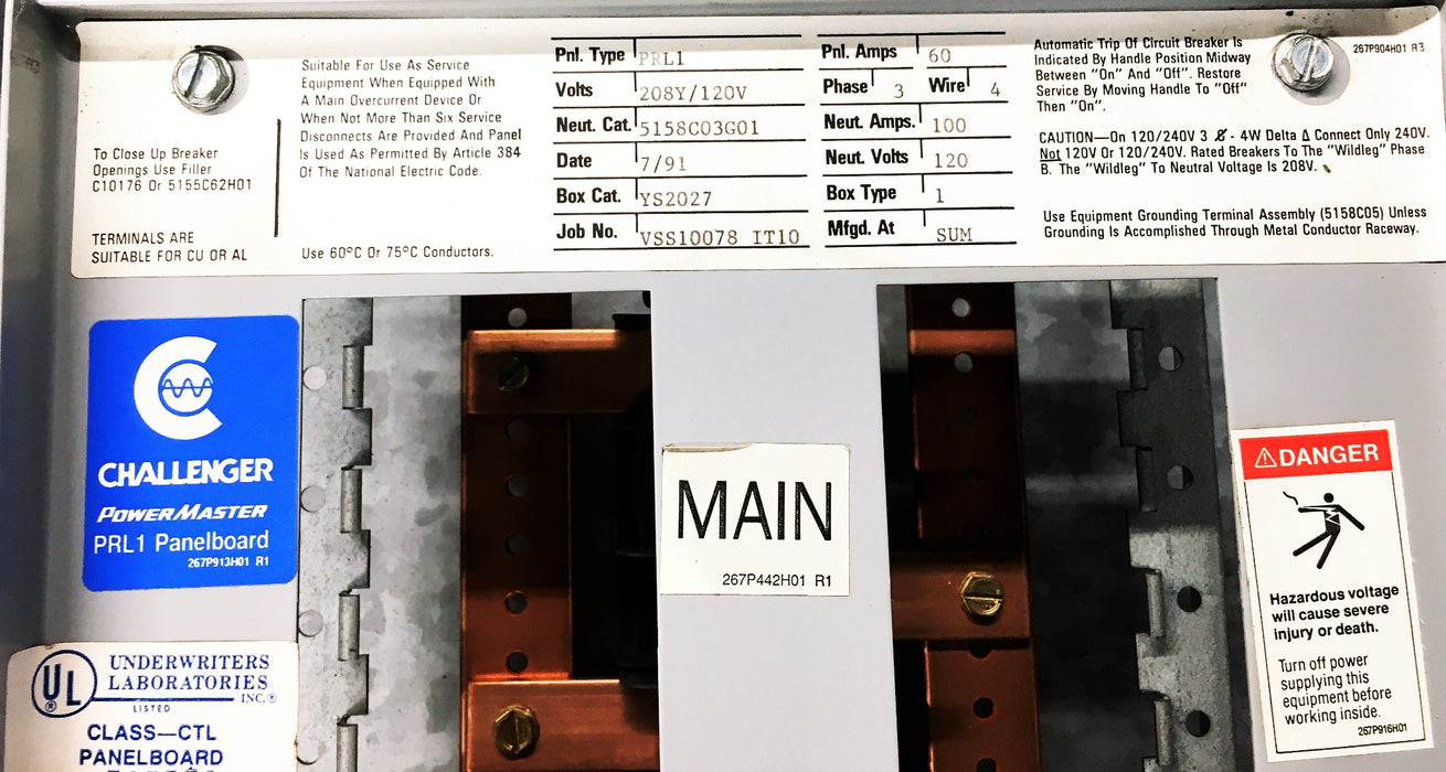 Westinghouse Challenger PowerMaster 3PH 4W PRL1 Panel Board YS2027 (735570) USED