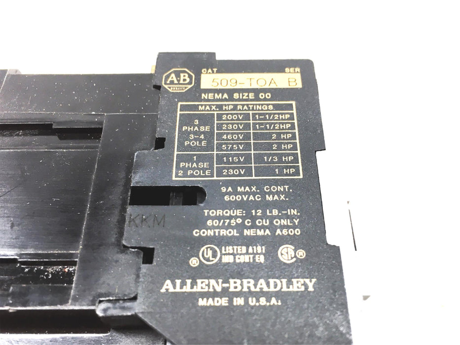 Allen Bradley Nema Size 00 Series B Full Voltage Starter 509-TOA USED