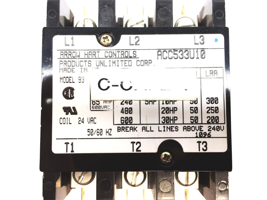 Arrow Hart 3 Pole 24VAC 50/60Hz Magnetic Contactor ACC533U10 USED