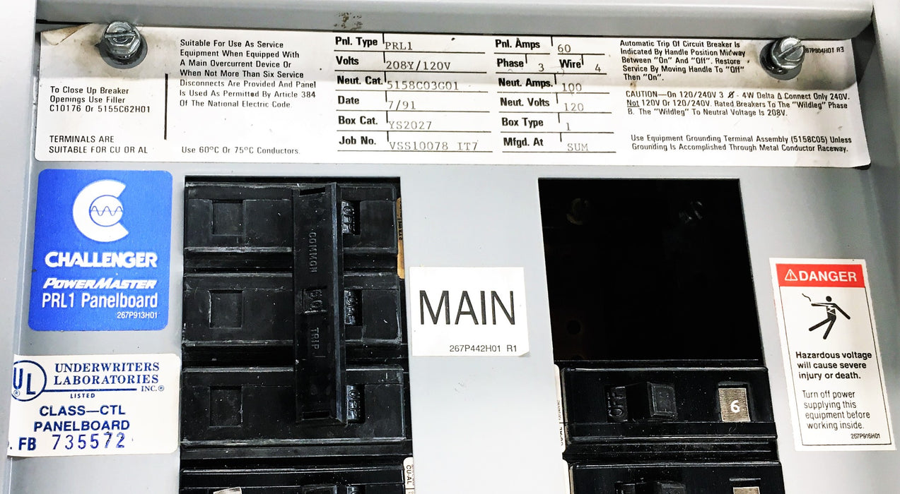 Westinghouse Challenger PowerMaster 3PH 4W PRL1 Panel Board YS2027 (735572) USED