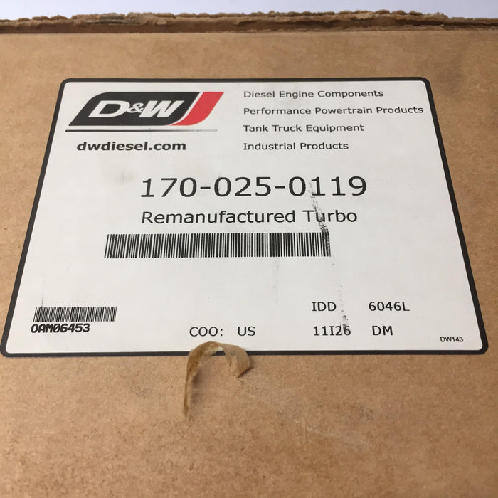 Garrett/D&W Diesel Re-Manufactured Turbocharger 170-025-0119 NOS