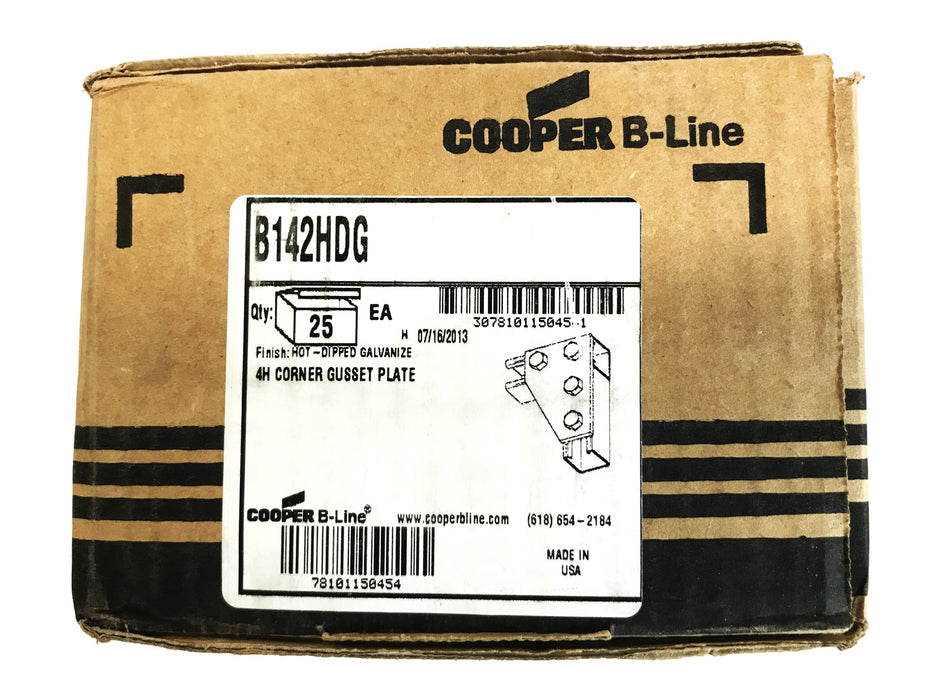 Cooper B-Line 4 Hole Corner Gusset Plate, Box of 25, B142HDG NOS