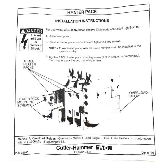 Eaton Cutler-Hammer 3 Piece 3.23-5.23AMP Freedom Series Heater Pack H2008B USED