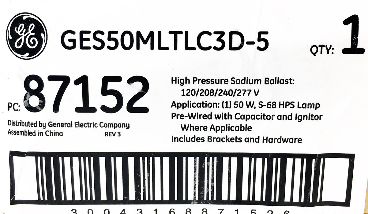 General Electric High Pressure Sodium Ballast GES50MLTLC3D-5 (87152) NOS