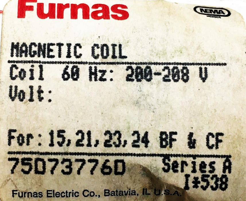 Furnas 60HZ 200-208V Magnetic Coil Series A 75D73776D NOS