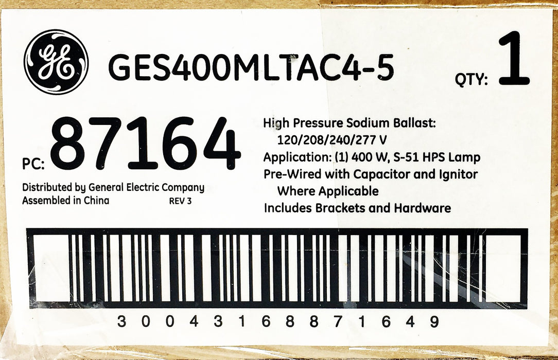 General Electric High Pressure Sodium Ballast GES400MLTAC4-5 (87164) NOS