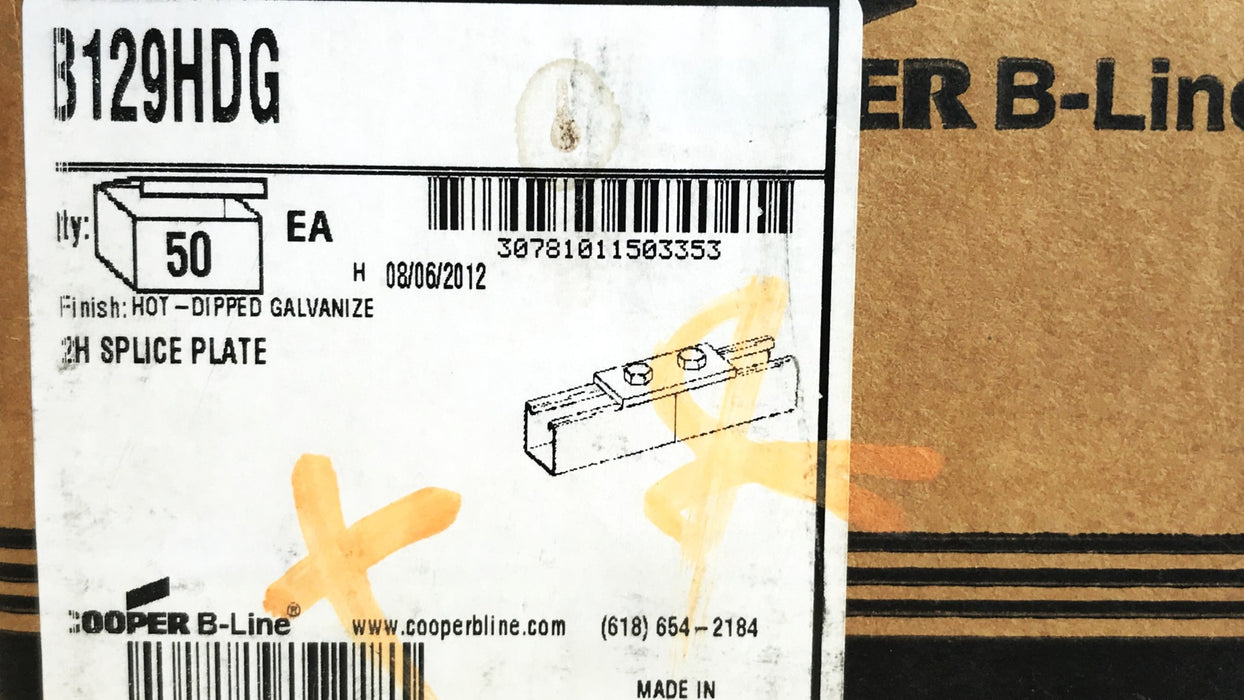 Cooper B-Line Galvanized 2-Hole Splice Plate B129HDG, Box of 50, NOS