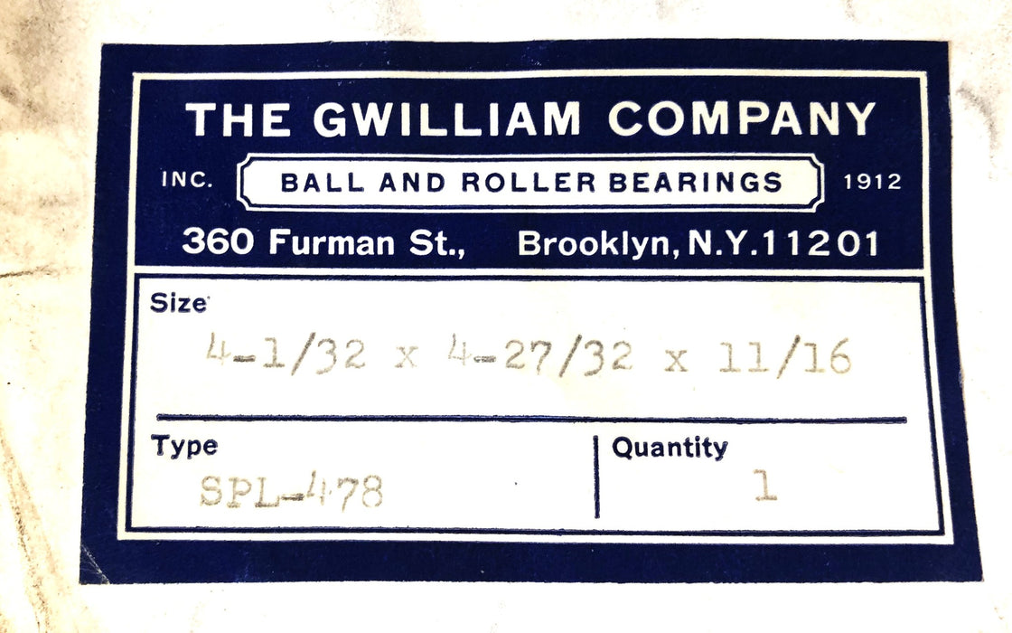 The Gwilliam Company 4-1/32x4-27/32x11/16 Inch Thrust Bearing SPL-478 NOS