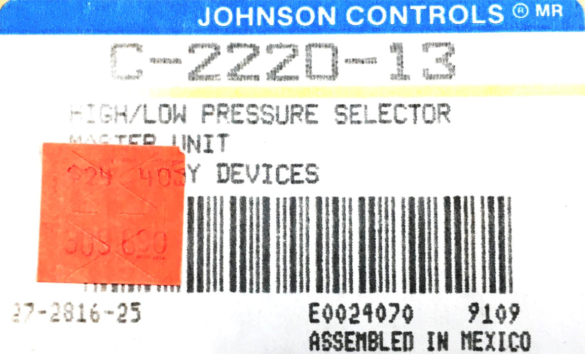 Johnson Controls High/Low Pressure Selector Master Unit C-2220-13 NOS