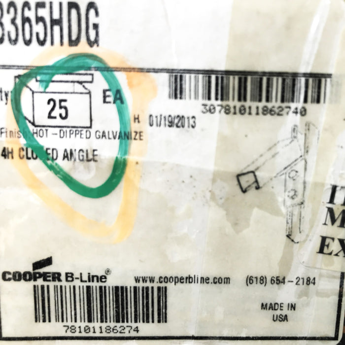 Cooper B-Line Closed Angle Strut B365HDG, Box of 25, NOS