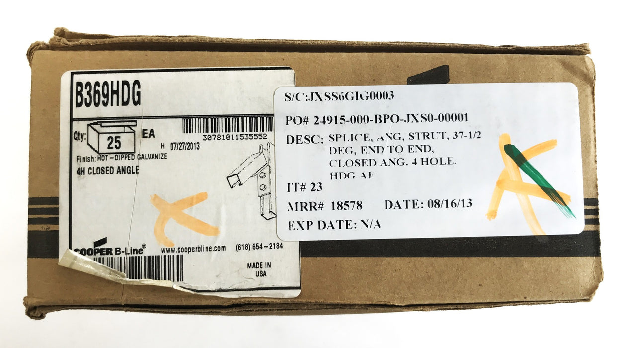 Cooper B-Line 4-Hole Closed Angle 37.5 Degree Strut B369HDG, Box of 25, NOS