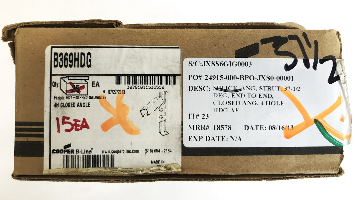 Cooper B-Line 4-Hole Closed Angle 37.5 Degree Strut B369HDG, Box of 15, NOS