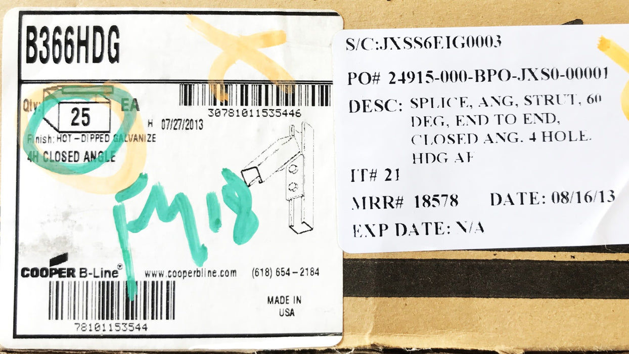 Cooper B-Line Galvanized 60 Degree Closed Angle Strut B366HDG, Box of 25, NOS
