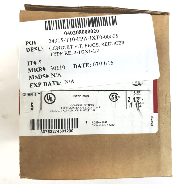 Eaton 2-1/2 inch x 1-1/2 inch Conduit Hub Reducer RE75, Box of 5, NOS