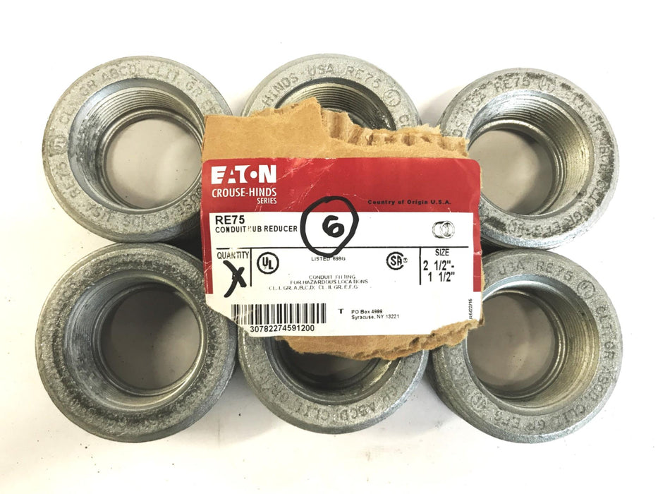 Eaton 2-1/2 inch x 1-1/2 inch Conduit Hub Reducer RE75 [Lot of 6] NOS