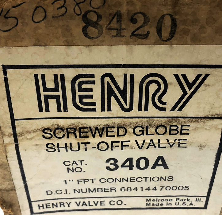 Henry Screwed Globe Shut-Off Valve 340A (8419) (8420) NOS