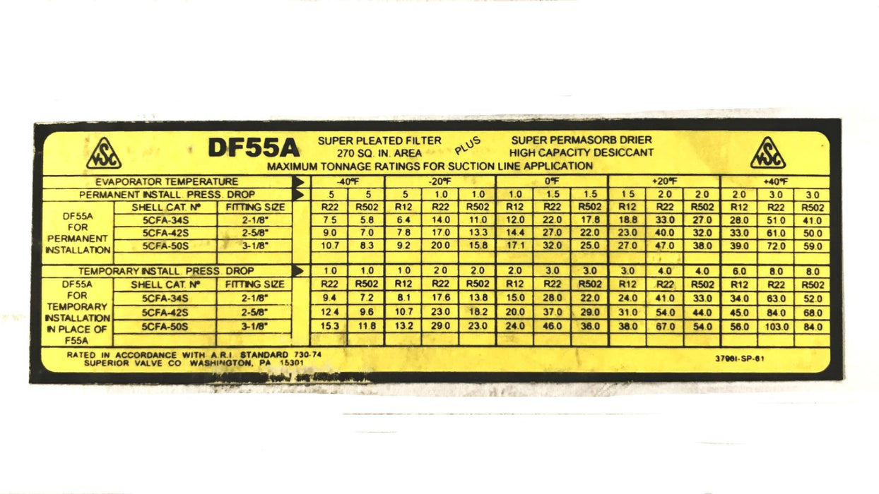Superior Valve Co. Filter Plus Drier Cartridge DF55A NOS