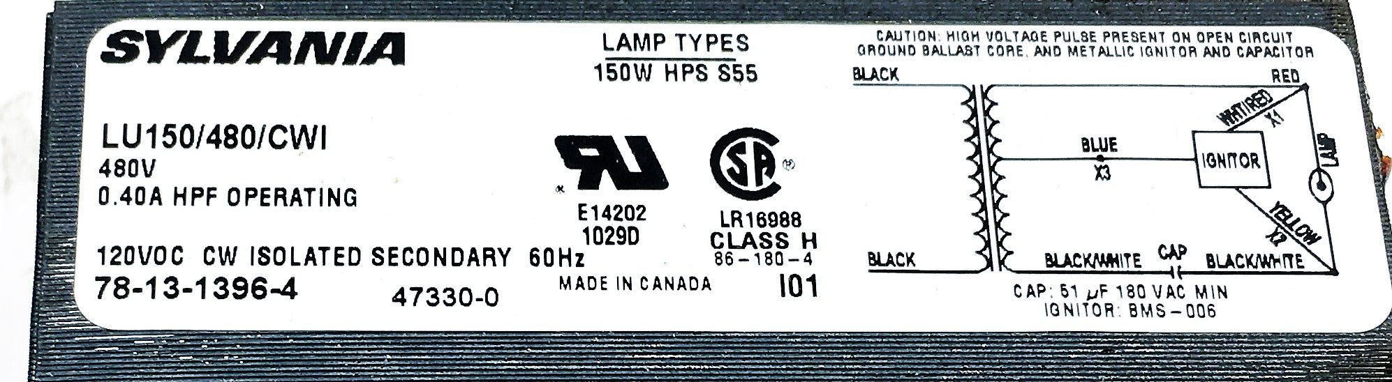 Sylvania Lumalux S55 150W HPS Magnetic Ballast Kit LU150/480-KIT (47336-0) NOS